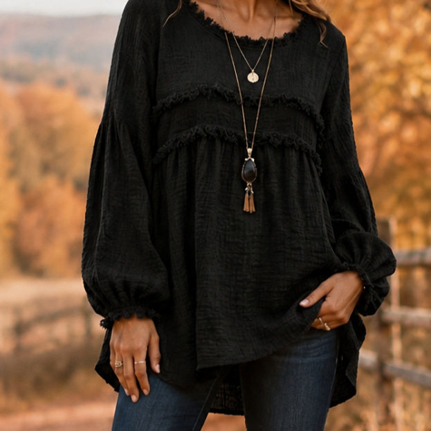 Casual Patchwork Tassel Fringe Crew-Neck T-Shirt Top