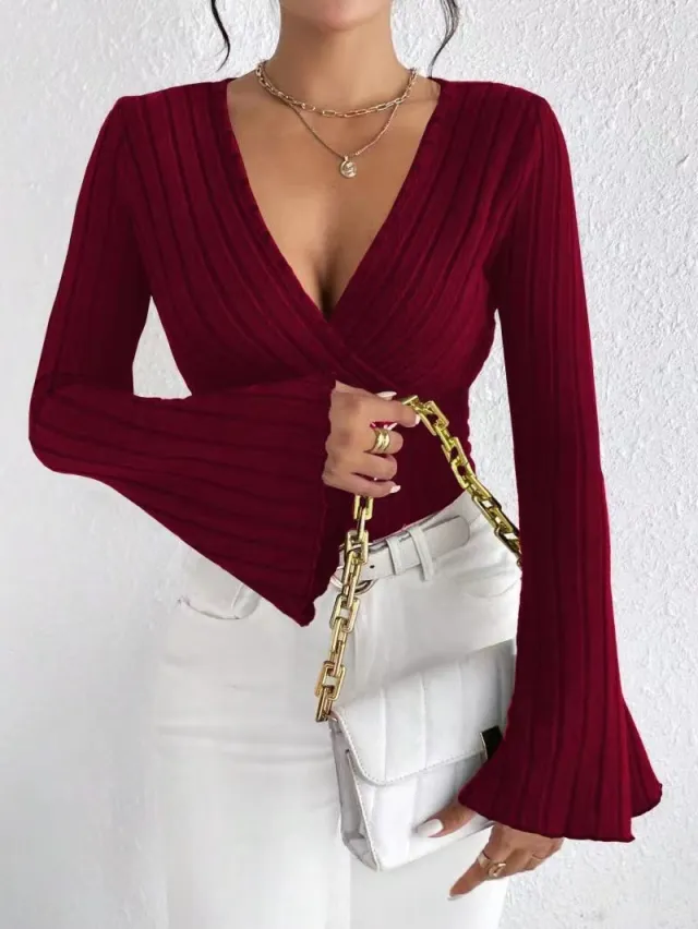Women's Autumn And Winter Rib Sunken Stripe V neck Flared Slim fit Long Sleeve T shirt Elegant Women's Top Wine - Shop at LoveMi