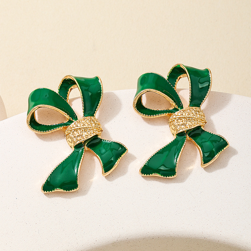 Dripping Oil Green Bow Womens Earrings
