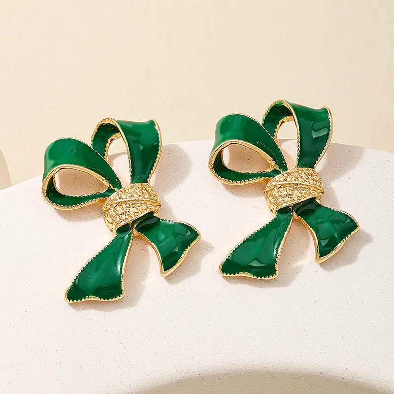Dripping Oil Green Bow Womens Earrings