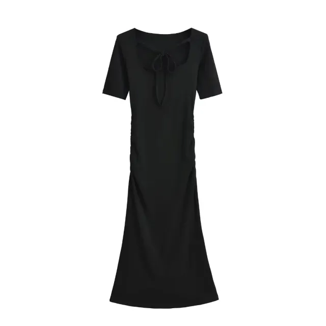 Square Neck Tie waist Pleated Short Sleeve Dress Black - Shop at LoveMi