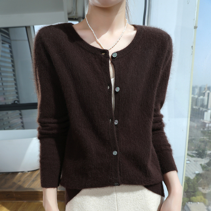 Womens Loose Button-up Solid-color Cropped Sweater With A Crew Neck