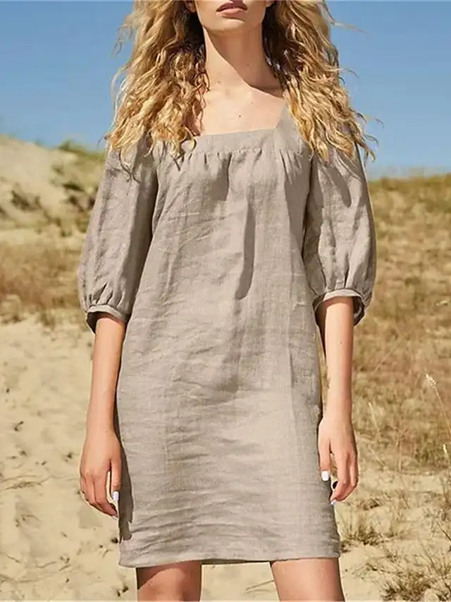 French Square Collar Cotton And Linen Dress Simple Style