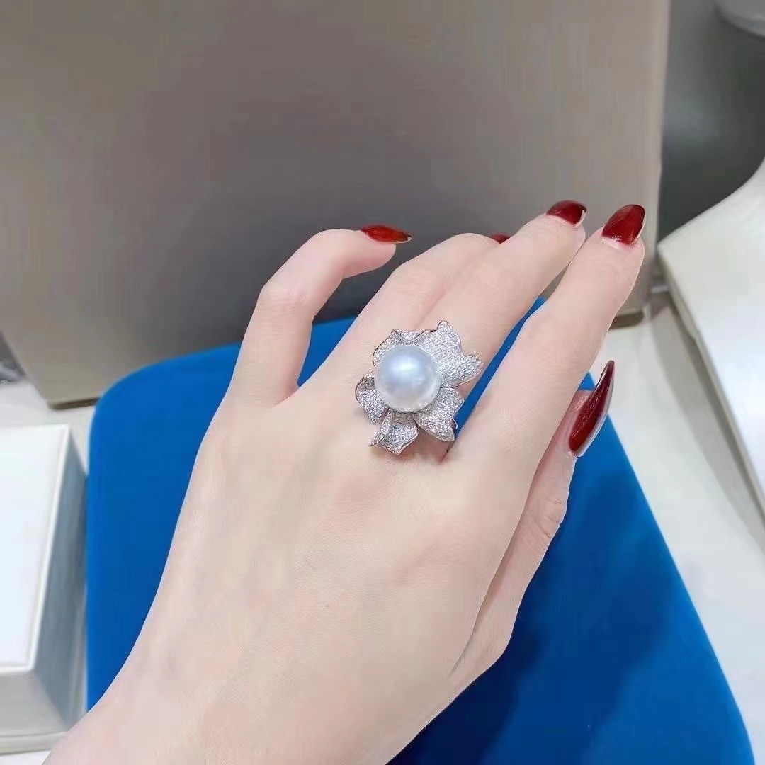 Artificial Natural Water Pearl Shell Pearl Full Diamond Open Ring