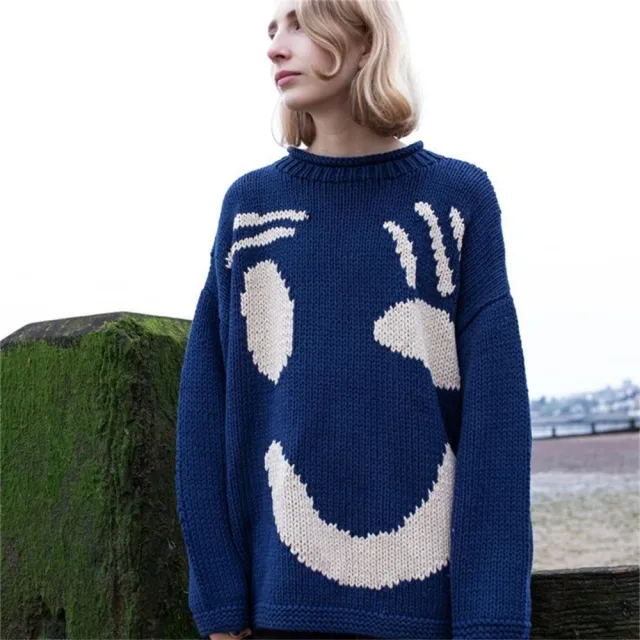 Christmas Smiley Knitted Sweater Women's Long sleeved Round Neck Yarn dyed Printed Top Women's Blue Zy2943 - Shop at LoveMi