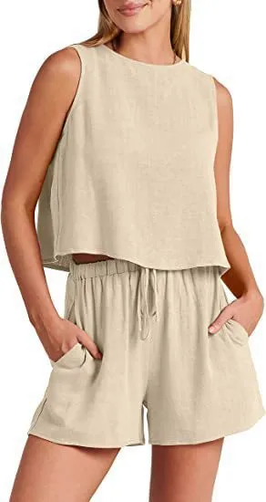 Women's Fashion Casual Sleeveless Solid Color Loose Outfit Apricot - Shop at LoveMi