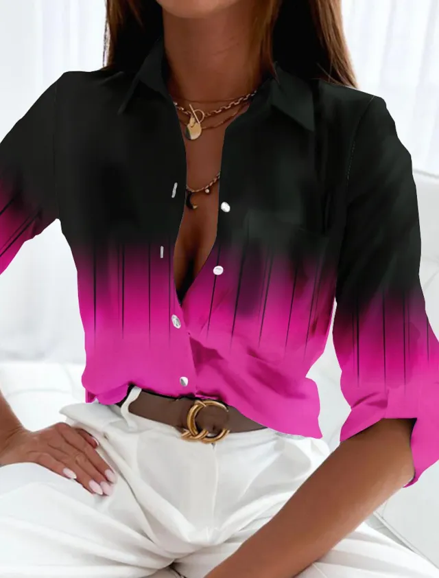 Women's Long Sleeve Casual Gradient Color Button Printed Shirt 3V5Yy4S - Shop at LoveMi