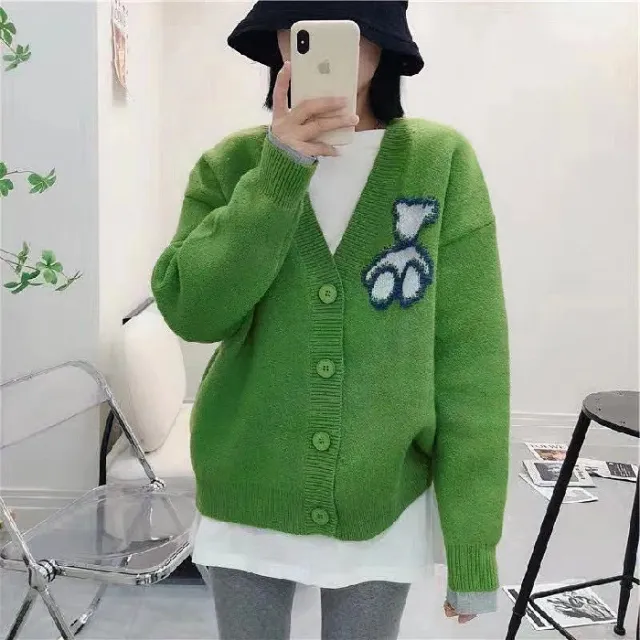 Western Style Idle Style Bear Pattern Sweater For Outer Wear Green - Shop at LoveMi