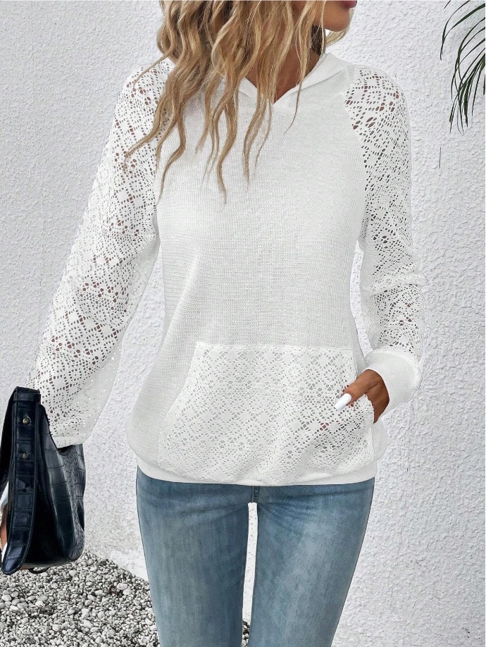 Womens Lace Waffle-Weave Casual Sweatshirt