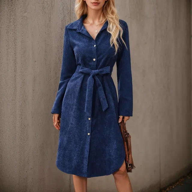 Front Button Belted Irregular Long Sleeve Corduroy Dress Dark Blue - Shop at LoveMi