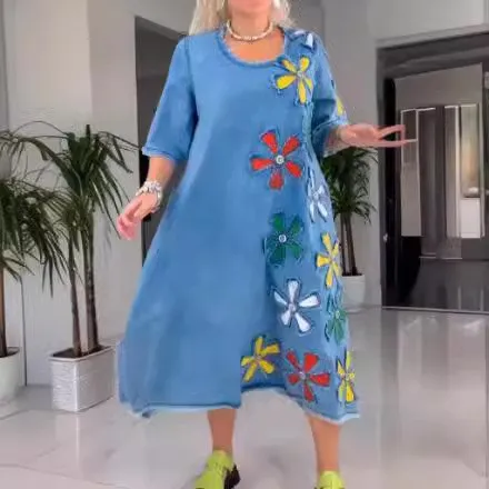 Women's Loose fitting Casual Round neck Pullover Short Sleeve Mid length Dress Blue - Shop at LoveMi