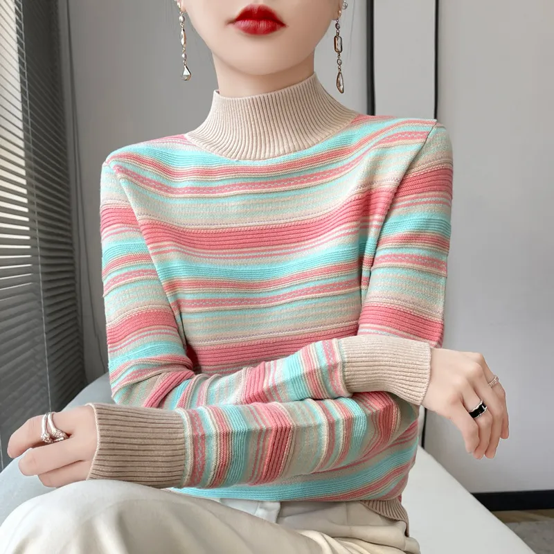 Mock-neck Stripes Wool Knitted Pullover Thick Sweater - Beige
