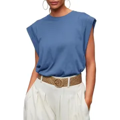 Round Neck Loose Short Sleeves T-shirt Striped Top Women's Vest - Dream Blue - View 1