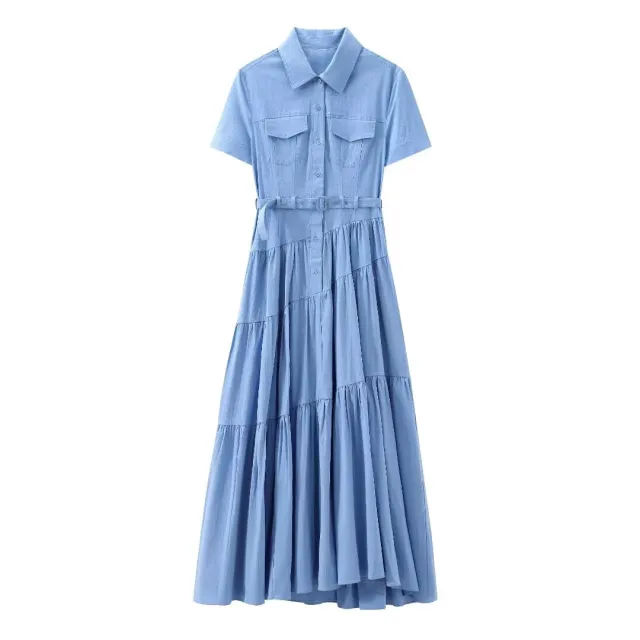 European And American Style With Belt Shirt Stitching Dress Blue - Shop at LoveMi