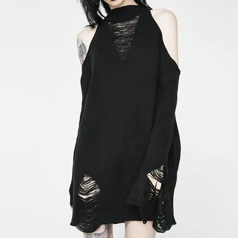 Cross-border European And American Black Ripped Off-the-shoulder Sweater Autumn And Winter Punk
