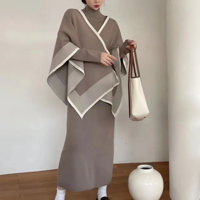 Cape Loose Multicolor Fashionable Knitted Dress Camel - Shop at LoveMi