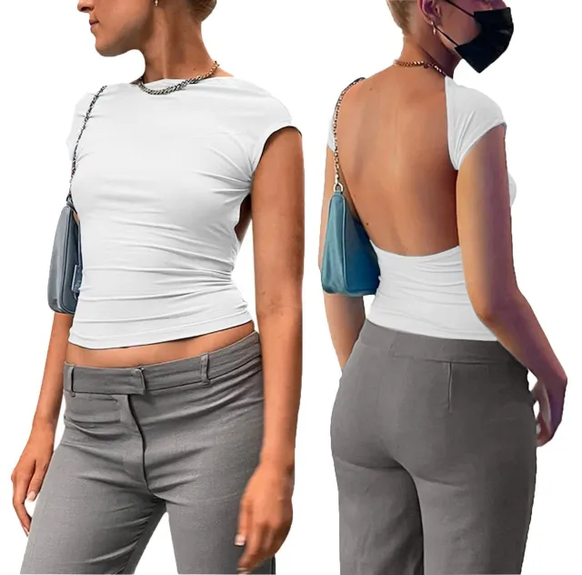Half Turtleneck Solid Color Backless Top Short Sleeve White - Shop at LoveMi