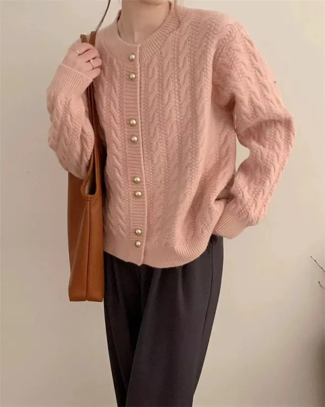 Round Neck Solid Color Design Sense Sweater Top Light Pink - Shop at LoveMi