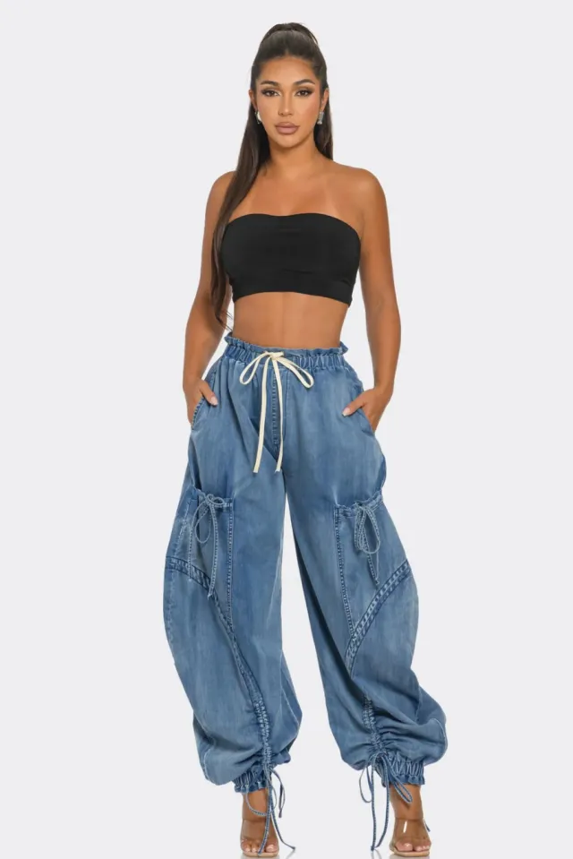 Rope Adjustable Elastic Waist Drawstring Lace up Ankle tied Bow Loose Jeans Blue - Shop at LoveMi