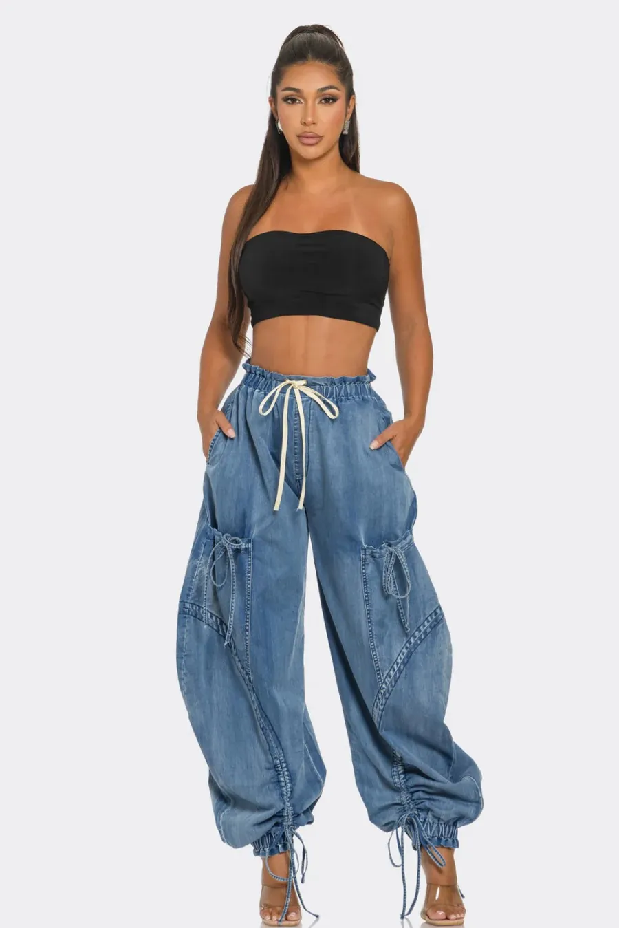 Rope Adjustable Elastic Waist Drawstring Lace-up Ankle-tied Bow Loose Jeans - Blue