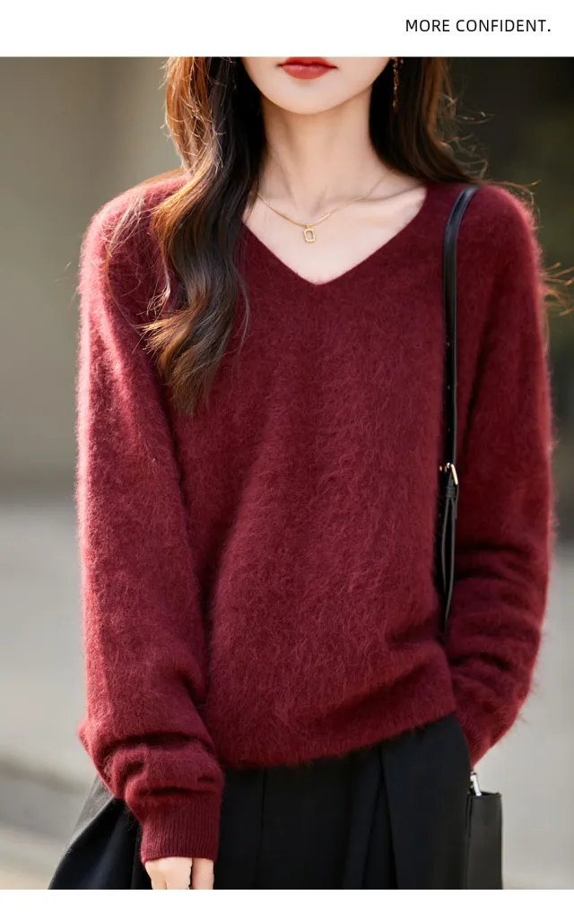 V neck Cashmere Knit Women's Loose fit Sweater Wine Red - Shop at LoveMi