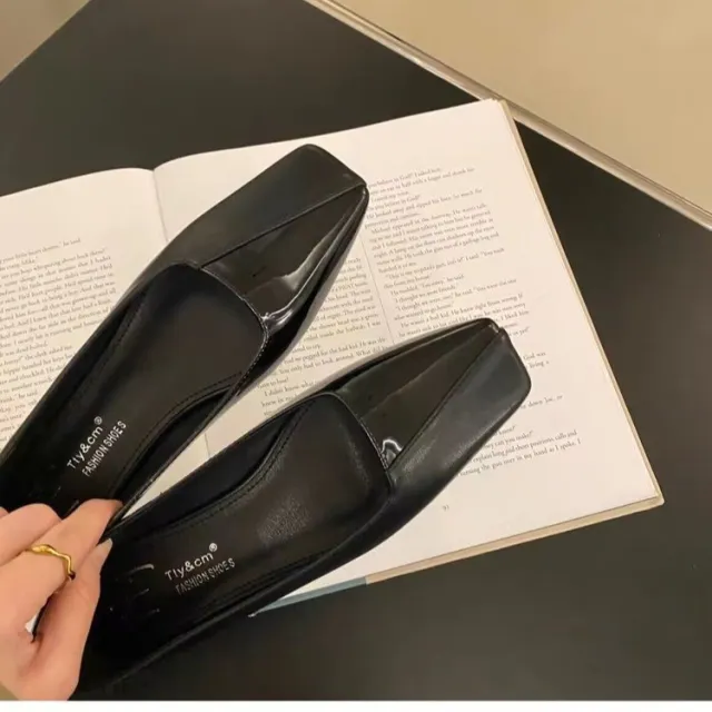Spring All matching Low Heel Retro Flat Bottom Square Toe Gommino Pumps Women Black - Shop at LoveMi