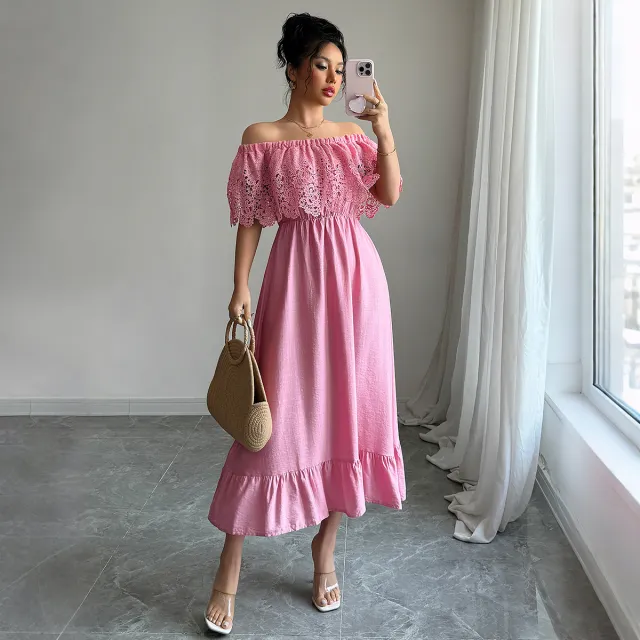 European And American Elegant Style Off shoulder A Line Dress Pink - Shop at LoveMi