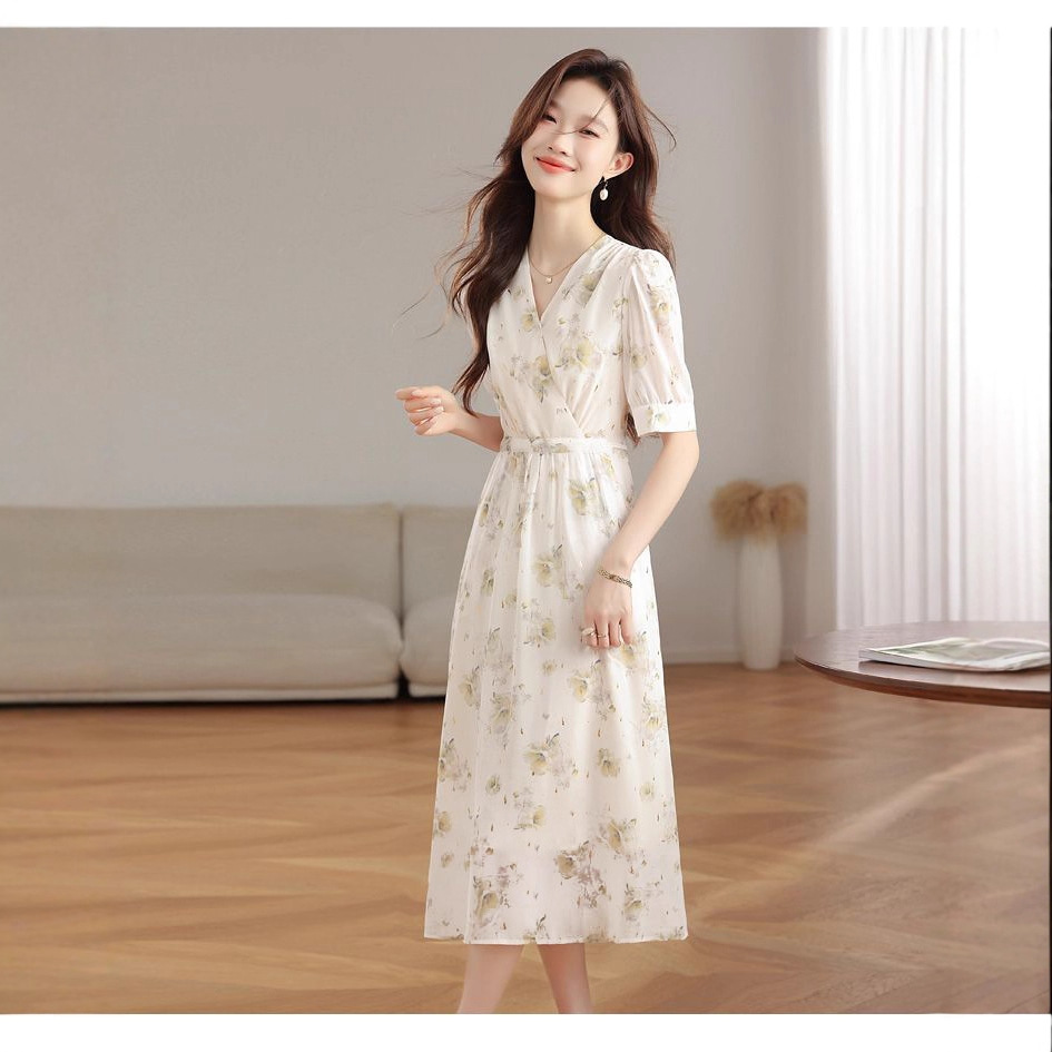 V neck Puffed sleeve Patchwork Printed Midi Dress Picture Color L - Shop at LoveMi