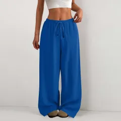 Women's Solid Colour Loose Wrinkle Waist Drawstring Wide Leg Casual Trousers - Blue - View 1