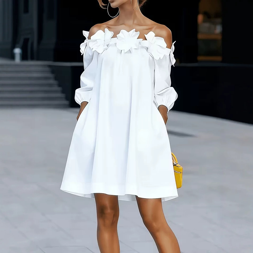 Womens Three-dimensional Floral Off-shoulder Dress