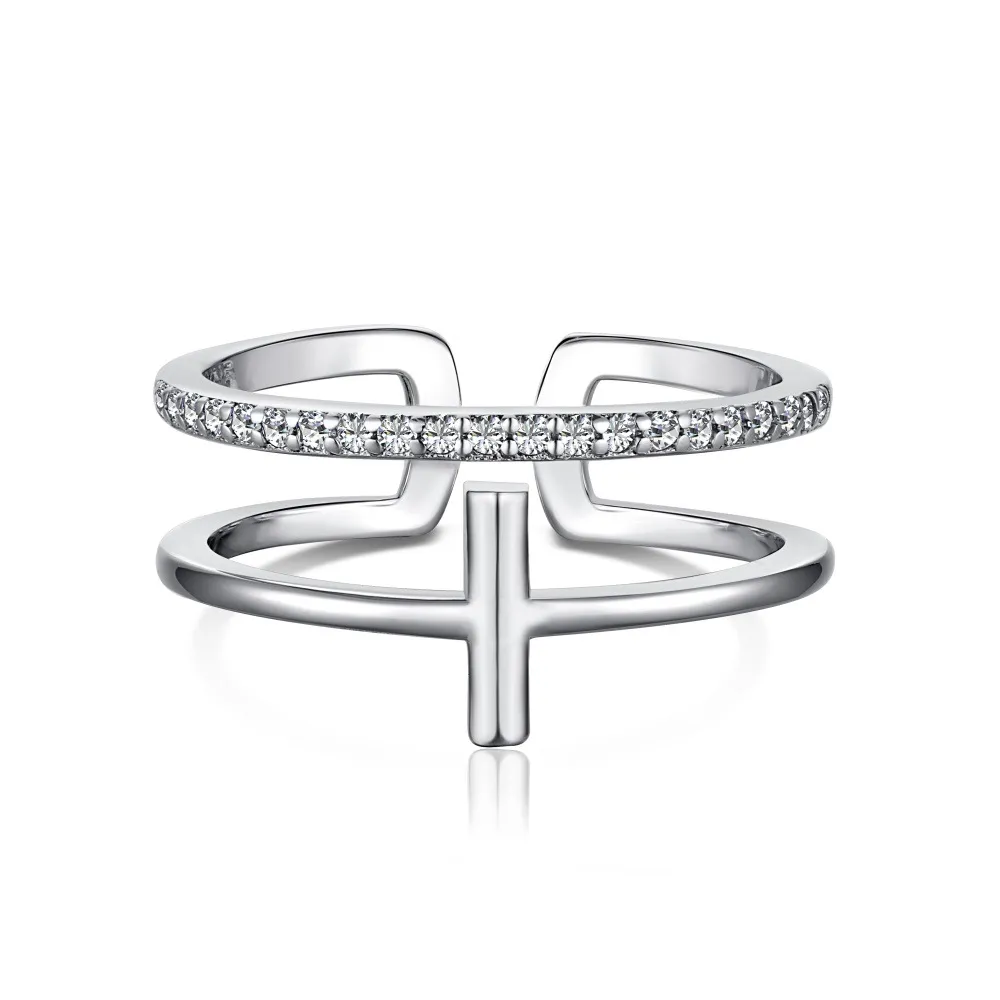 Women's 925 Silver Simple Double Layer Cross Ring - Silver