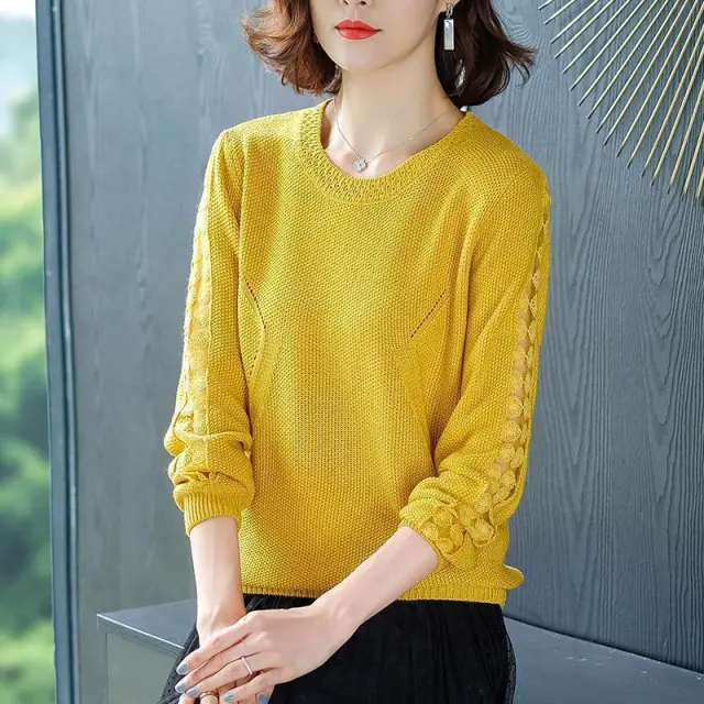Loose Round Neck Hollow Top Sweater Yellow - Shop at LoveMi
