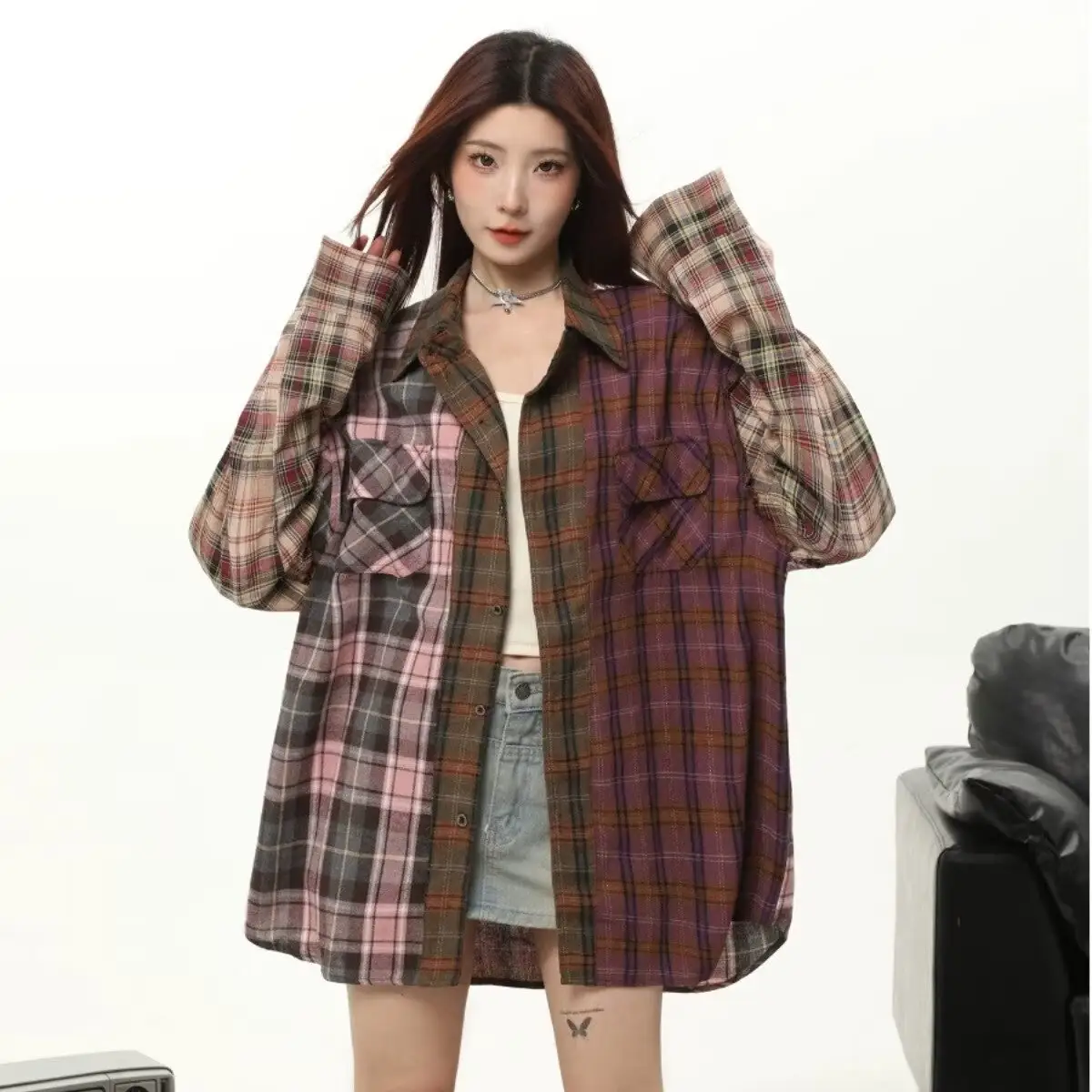 Plaid Shirt For Women Autumn Winter Retro Maillard Style
