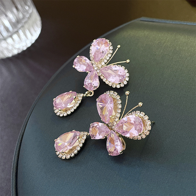 Sweet Light Luxury Rhinestone Zircon Butterfly Water Drop Silver Pin Earrings