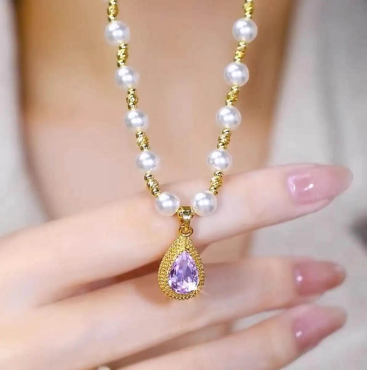 Purple Water Drop Pendant Pearl Necklace
