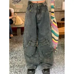 Retro Washed Workwear With Pocket Jeans - Blue And Grey - View 1