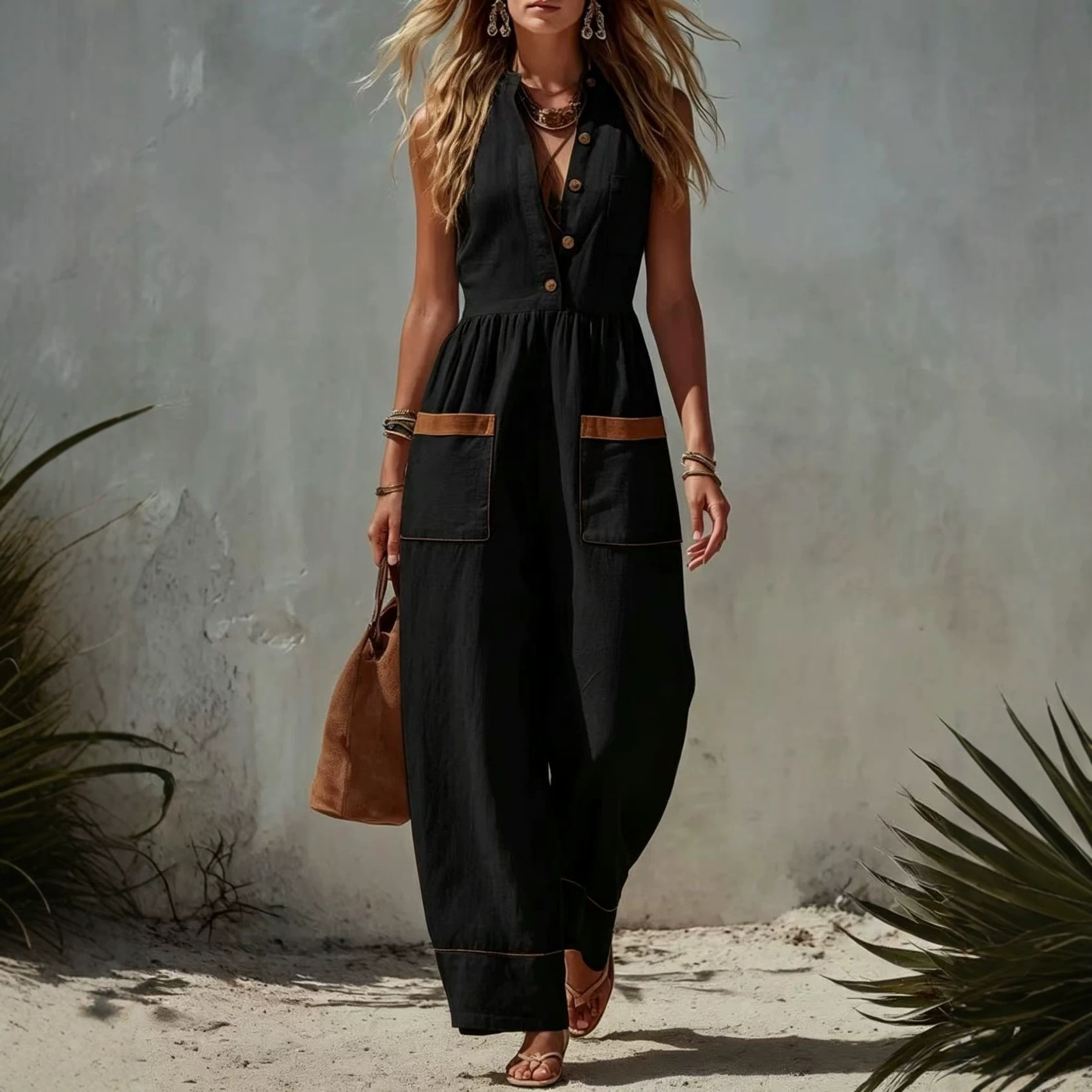 Women's cotton linen sleeveless jumpsuit – loose fit boho style