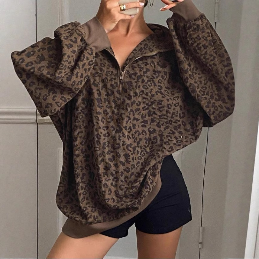 Casual Leopard Print Pattern Corduroy Zipper Sweater