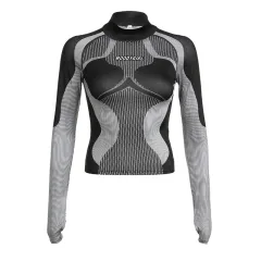 Printed Fashion Casual Split Sports T-shirt Turtleneck Waist Trimming Casual Top - Black And White - View 1