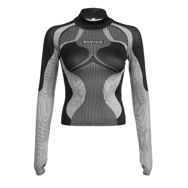 Printed Fashion Casual Split Sports T shirt Turtleneck Waist Trimming Casual Top Black - Shop at LoveMi