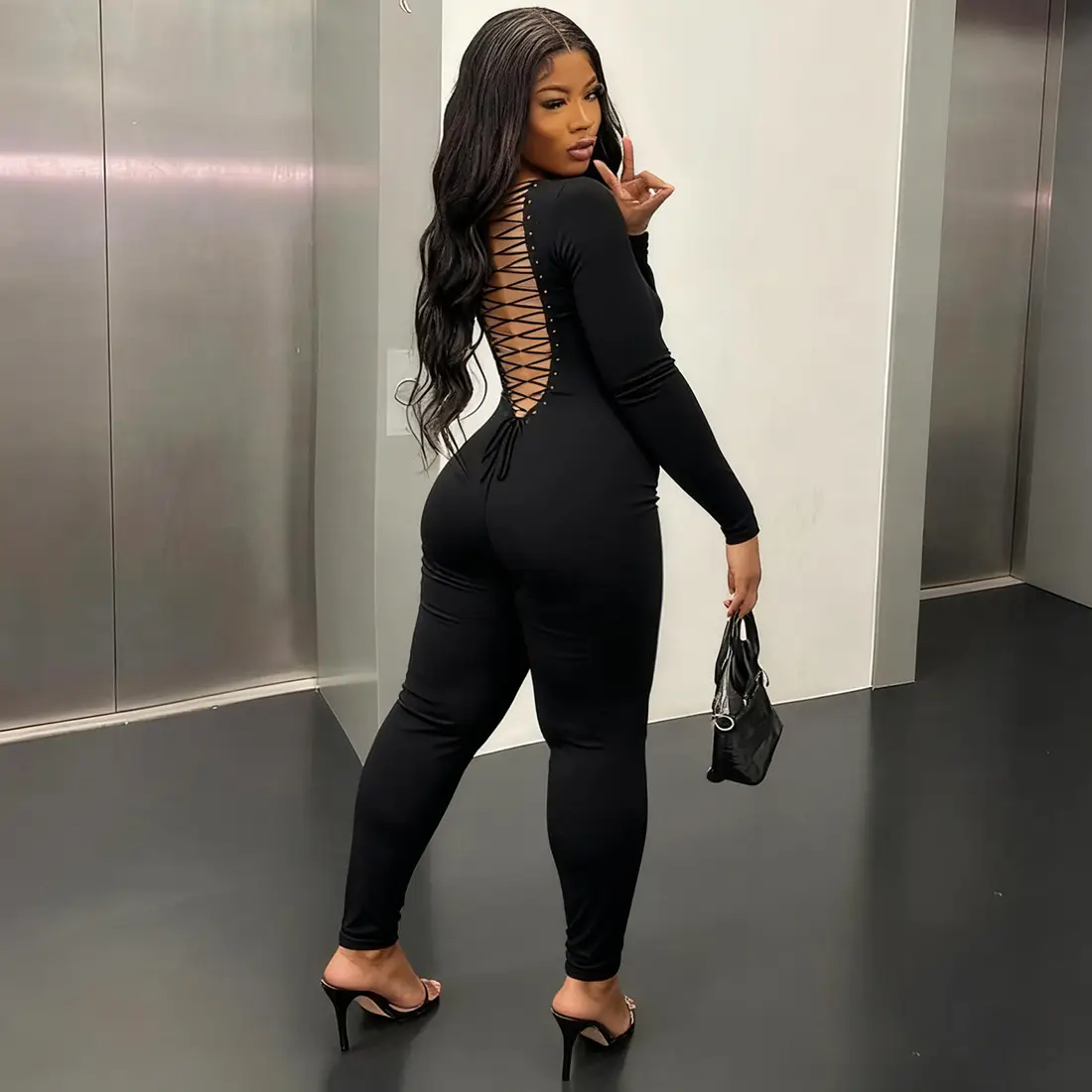 New Sexy U-neck Backless Strap Long-sleeve Solid-color Hip-lifting Jumpsuit