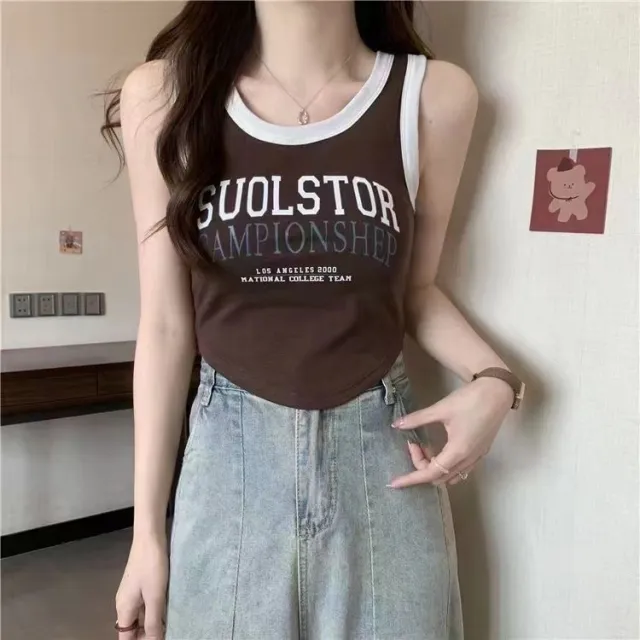 Women's Summer Letter Printing Short Camisole Brown - Shop at LoveMi