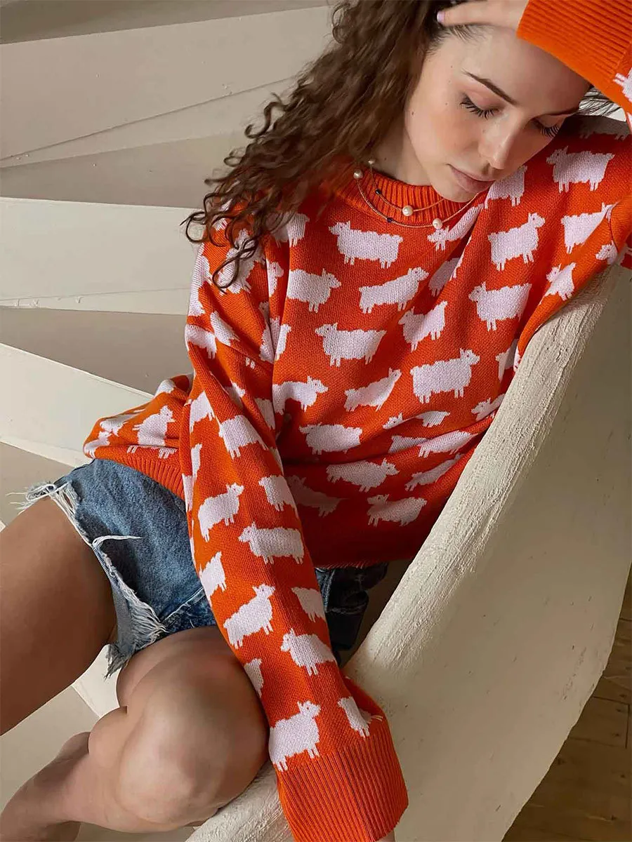 Women's Round Neck Alpaca Printed Sweater Loose - Orange
