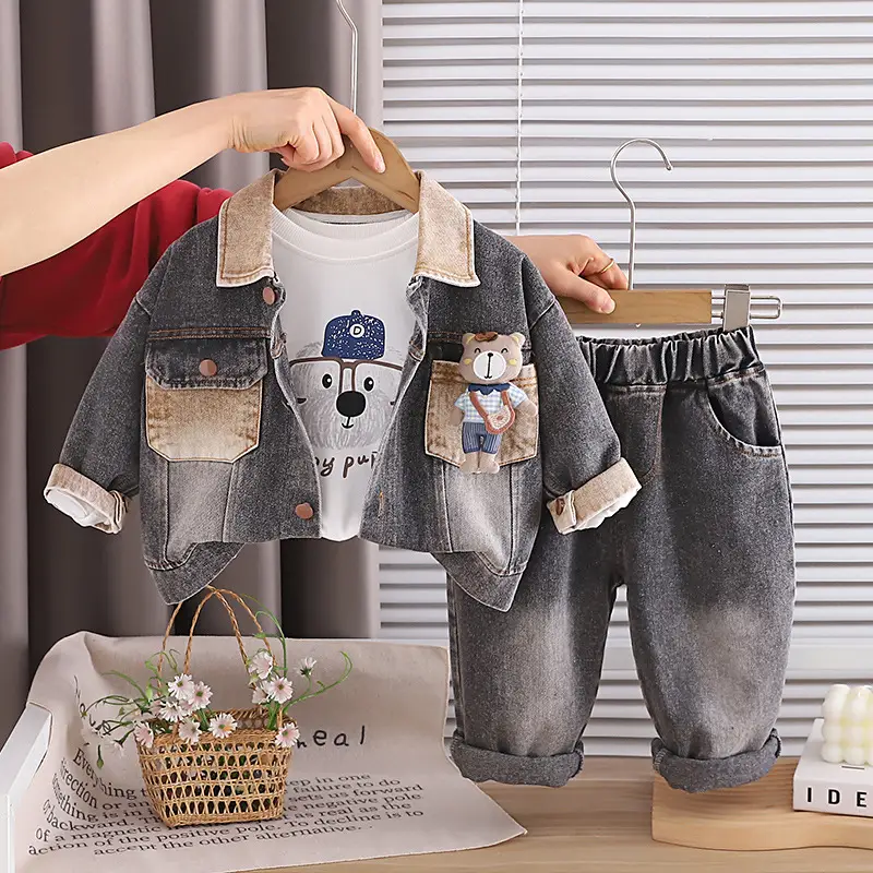 Boy's Stylish Denim Long-Sleeve Three-Piece Set