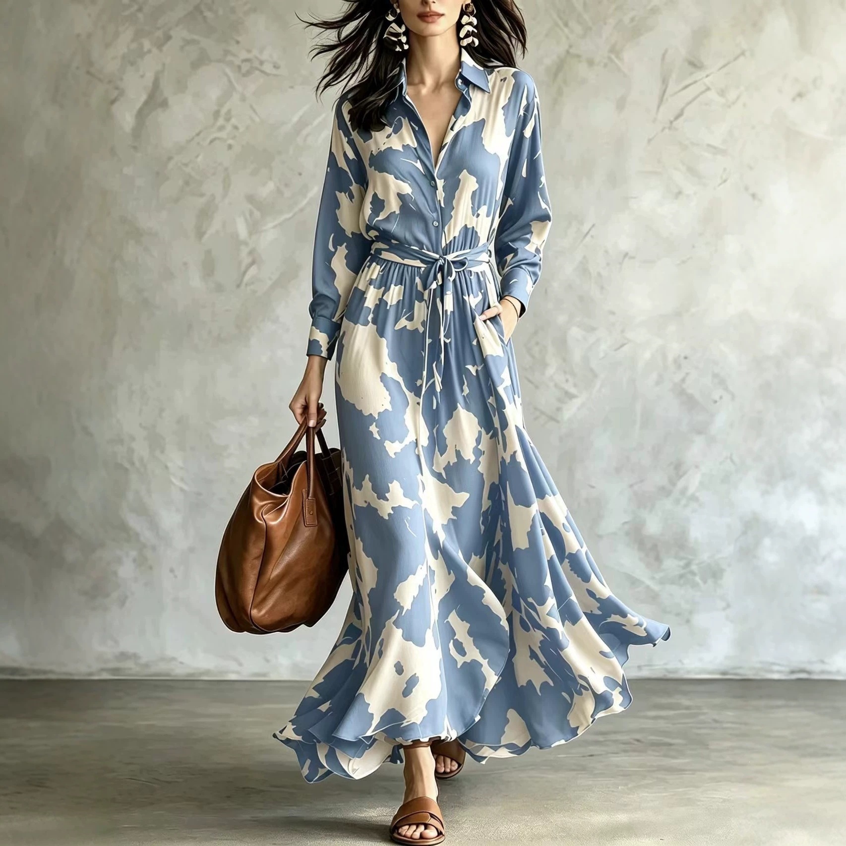 Cow Patterned Long Sleeved Shirt With Waist Cinching And Large Swing Long Dress For Women