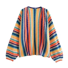 Autumn New Rainbow Bar Cardigan Long Sleeve Wide Songou Meibo Sweater Coat - View 1