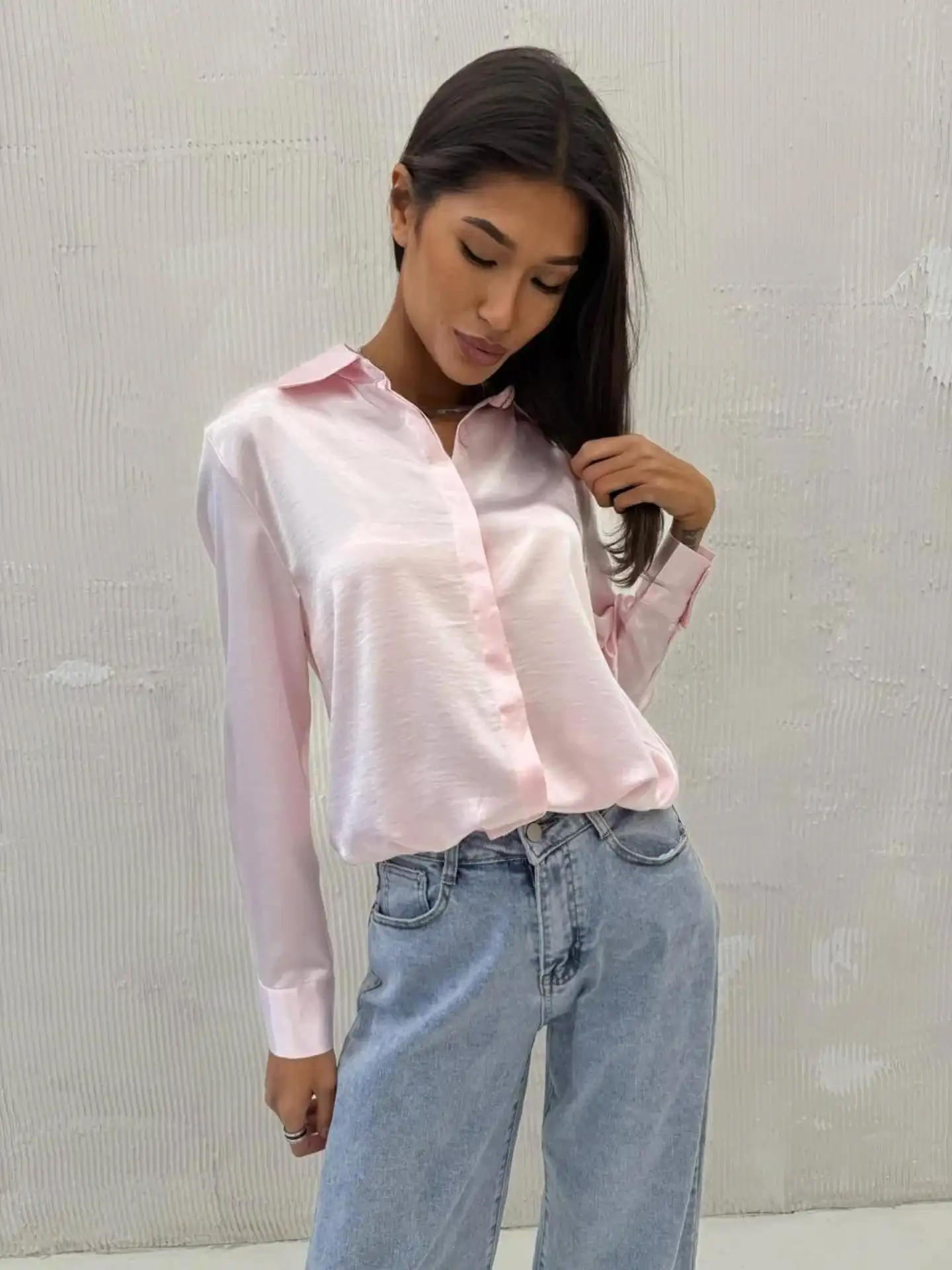 Casual Solid-Color Drawstring Hem Long-Sleeve Shirt Womens Short Top