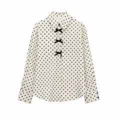 Fashion Women Bowknot Decoration Loose Casual Shirt - White Polka Dot - View 1