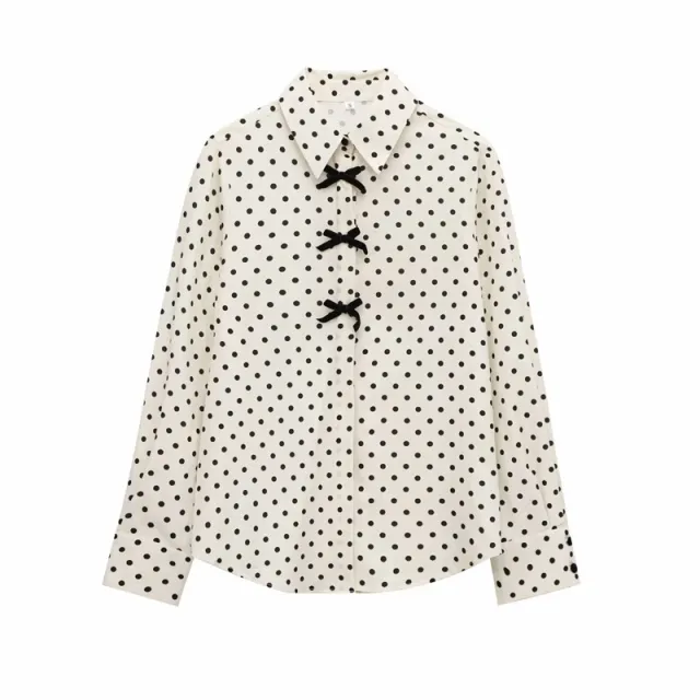 Fashion Women Bowknot Decoration Loose Casual Shirt White Polka Dot - Shop at LoveMi