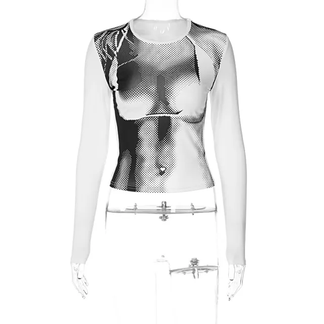 Fashion Print Round Neck Slim Fit Midriff baring Women's Long sleeved Top White - Shop at LoveMi